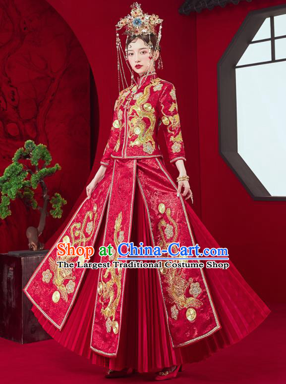 Chinese Traditional Wedding Embroidered Dragon Phoenix Blouse and Dress Red Bottom Drawer Xiu He Suit Ancient Bride Costumes for Women