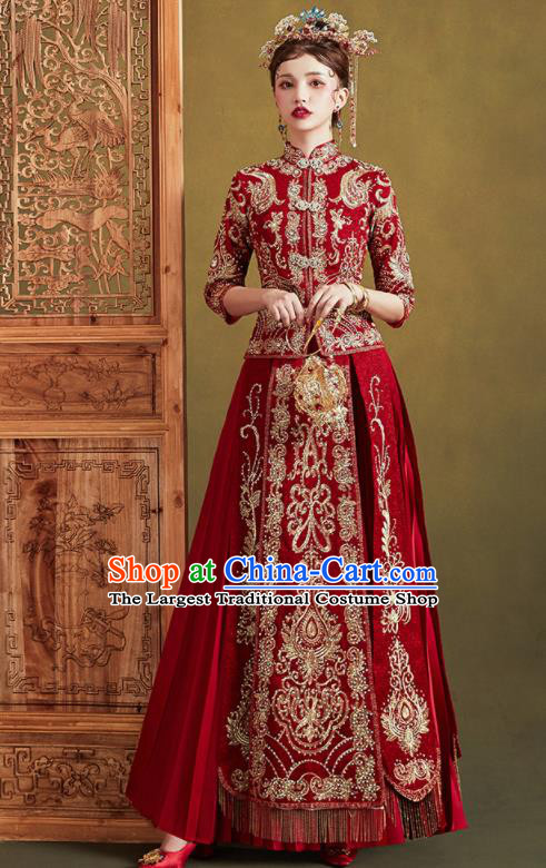 Chinese Traditional Wedding Drilling Embroidered Blouse and Dress Red Bottom Drawer Xiu He Suit Ancient Bride Costumes for Women