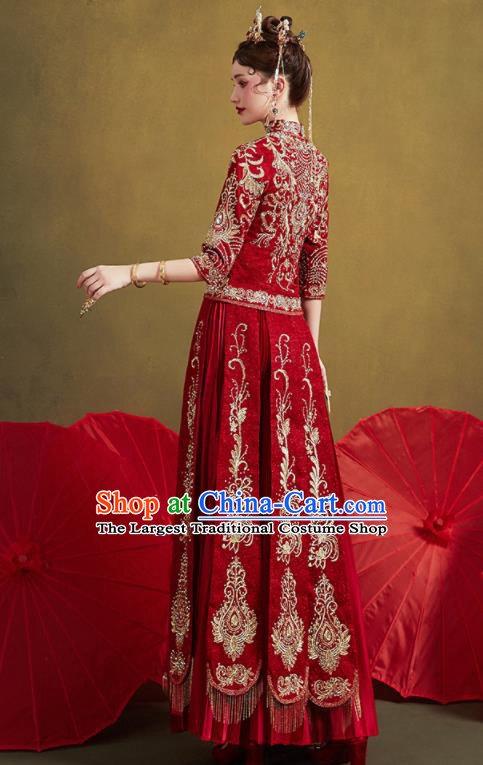 Chinese Traditional Wedding Drilling Embroidered Blouse and Dress Red Bottom Drawer Xiu He Suit Ancient Bride Costumes for Women