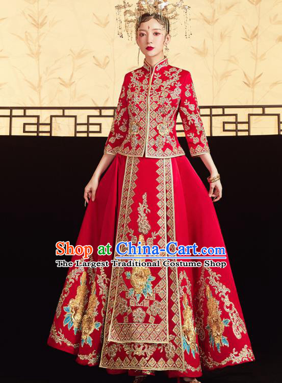 Chinese Traditional Red Bottom Drawer Wedding Embroidered Blouse and Dress Xiu He Suit Ancient Bride Costumes for Women