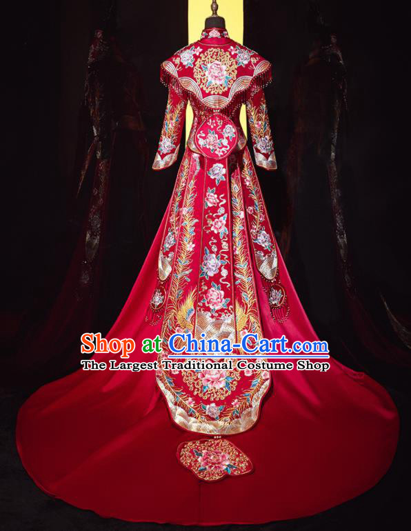 Chinese Traditional Wedding Embroidered Peony Blouse and Dress Xiu He Suit Red Bottom Drawer Ancient Bride Costumes for Women