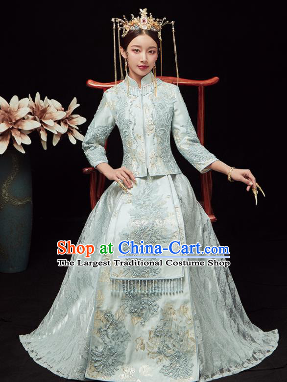 Chinese Traditional Wedding Embroidered Light Blue Blouse and Dress Xiu He Suit Red Bottom Drawer Ancient Bride Costumes for Women