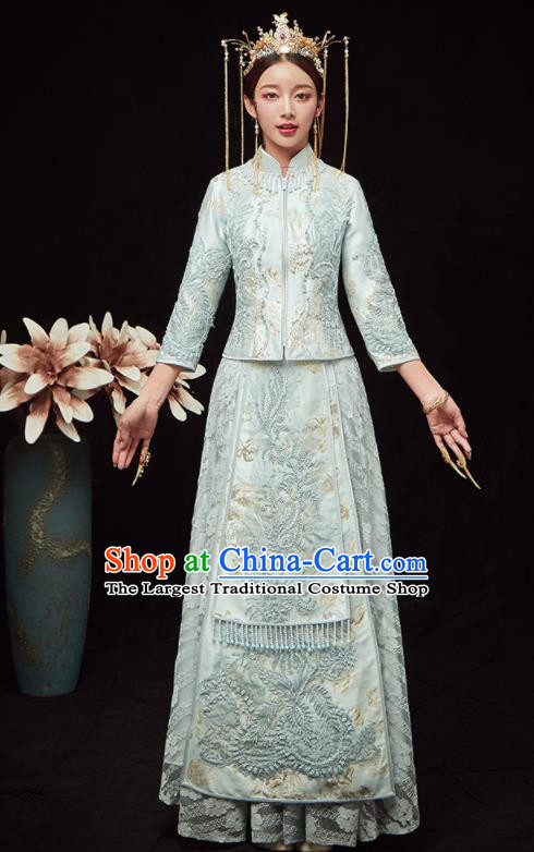 Chinese Traditional Wedding Embroidered Light Blue Blouse and Dress Xiu He Suit Red Bottom Drawer Ancient Bride Costumes for Women