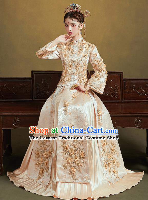 Chinese Traditional Embroidered Champagne Bottom Drawer Wedding Blouse and Dress Xiu He Suit Ancient Bride Costumes for Women