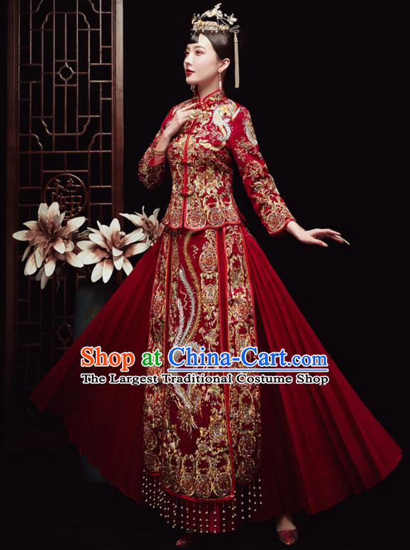 Chinese Traditional Wedding Embroidered Drilling Phoenix Red Blouse and Dress Xiu He Suit Red Bottom Drawer Ancient Bride Costumes for Women