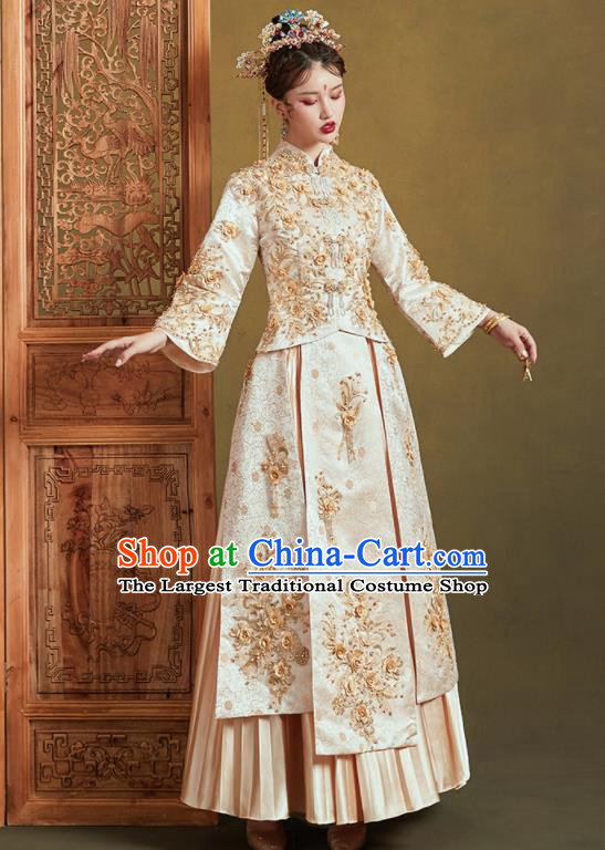 Chinese Traditional Embroidered Champagne Bottom Drawer Wedding Blouse and Dress Xiu He Suit Ancient Bride Costumes for Women
