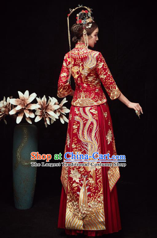 Chinese Traditional Wedding Embroidered Phoenix Peony Slim Blouse and Dress Xiu He Suit Red Bottom Drawer Ancient Bride Costumes for Women
