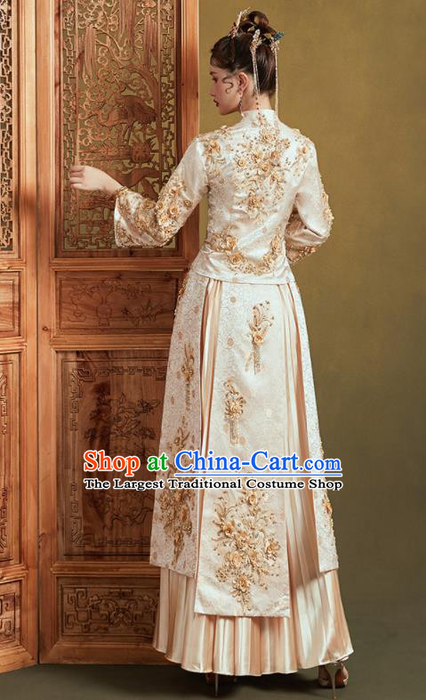 Chinese Traditional Embroidered Champagne Bottom Drawer Wedding Blouse and Dress Xiu He Suit Ancient Bride Costumes for Women