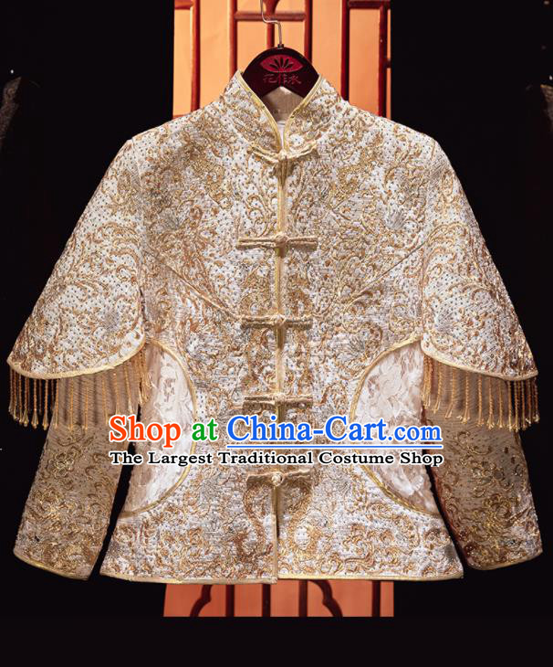 Chinese Traditional Xiu He Suit Wedding Embroidered Light Golden Blouse and Dress Bottom Drawer Ancient Bride Costumes for Women