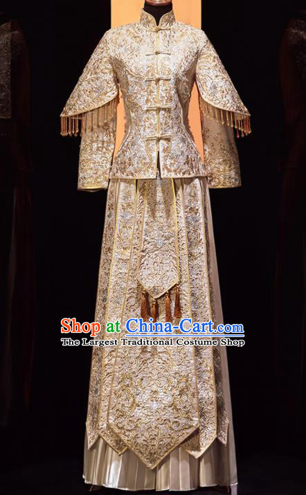 Chinese Traditional Xiu He Suit Wedding Embroidered Light Golden Blouse and Dress Bottom Drawer Ancient Bride Costumes for Women