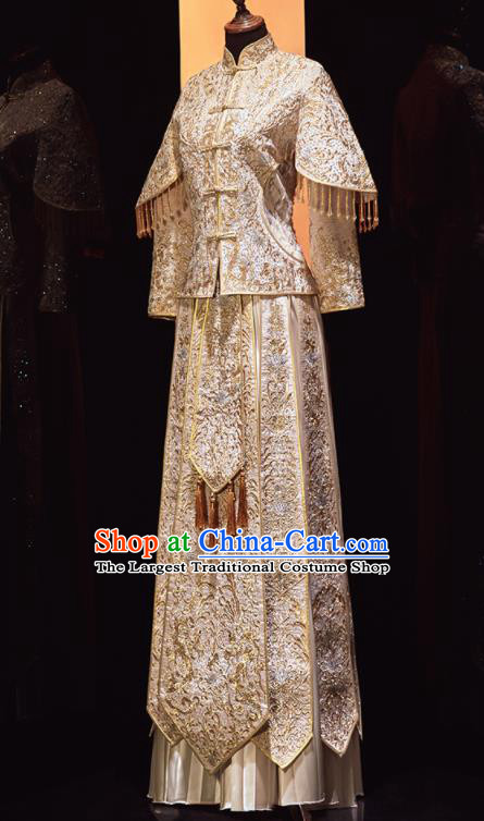 Chinese Traditional Xiu He Suit Wedding Embroidered Light Golden Blouse and Dress Bottom Drawer Ancient Bride Costumes for Women