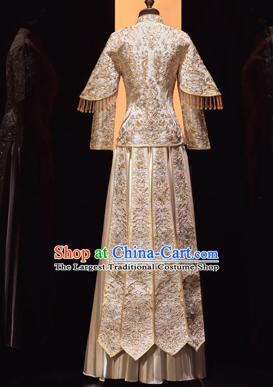 Chinese Traditional Xiu He Suit Wedding Embroidered Light Golden Blouse and Dress Bottom Drawer Ancient Bride Costumes for Women