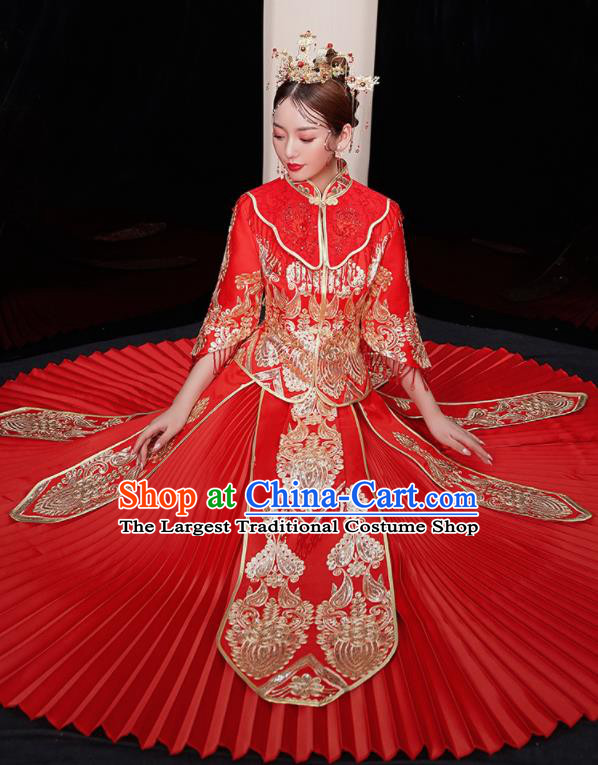 Chinese Traditional Red Xiu He Suit Wedding Embroidered Blouse and Dress Bottom Drawer Ancient Bride Costumes for Women