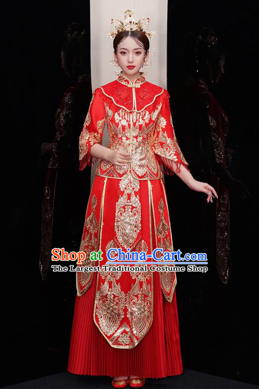 Chinese Traditional Red Xiu He Suit Wedding Embroidered Blouse and Dress Bottom Drawer Ancient Bride Costumes for Women