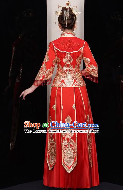 Chinese Traditional Red Xiu He Suit Wedding Embroidered Blouse and Dress Bottom Drawer Ancient Bride Costumes for Women