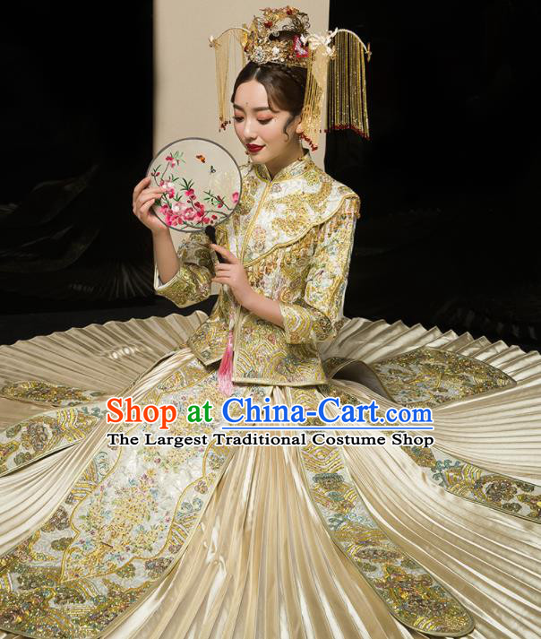 Chinese Traditional Xiu He Suit Wedding Embroidered Golden Blouse and Dress Bottom Drawer Ancient Bride Costumes for Women