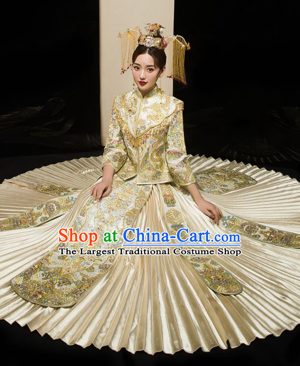 Chinese Traditional Xiu He Suit Wedding Embroidered Golden Blouse and Dress Bottom Drawer Ancient Bride Costumes for Women