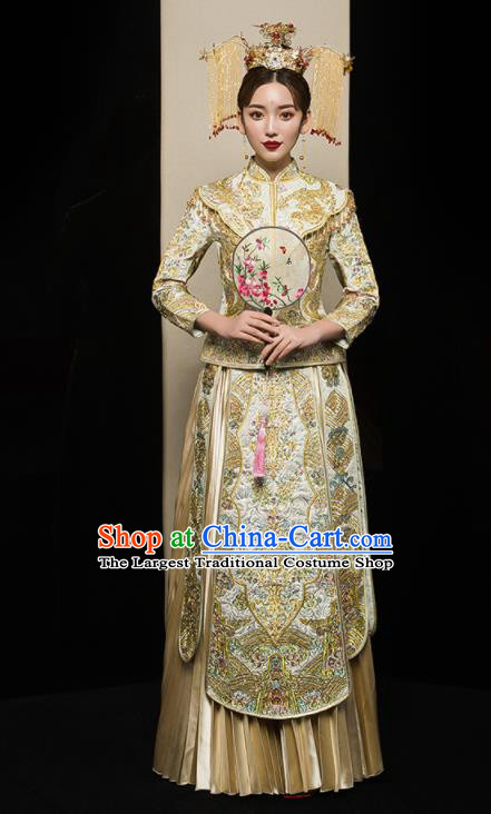 Chinese Traditional Xiu He Suit Wedding Embroidered Golden Blouse and Dress Bottom Drawer Ancient Bride Costumes for Women