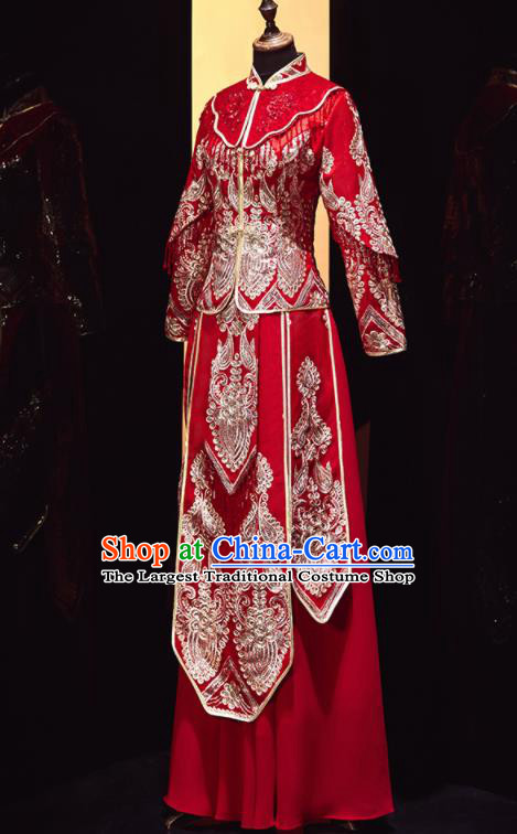 Chinese Traditional Xiu He Suit Wedding Embroidered Red Blouse and Dress Bottom Drawer Ancient Bride Costumes for Women