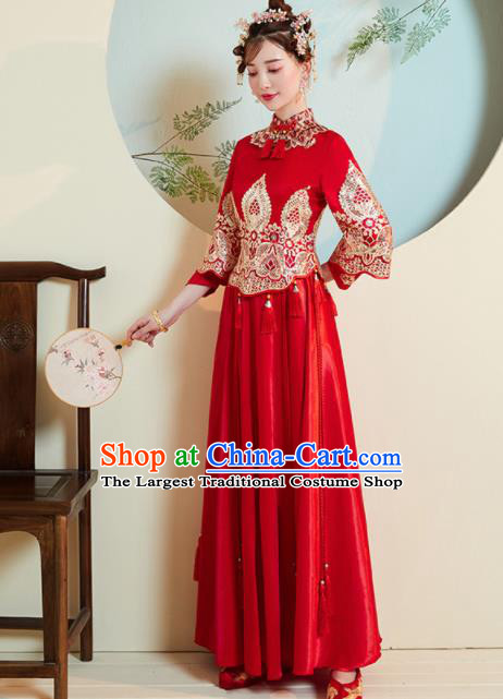 Chinese Traditional Xiu He Suit Wedding Red Blouse and Dress Bottom Drawer Ancient Bride Costumes for Women
