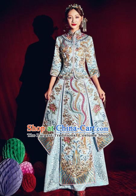 Chinese Traditional Bride Embroidered Phoenix Xiu He Suit Wedding Blue Blouse and Dress Bottom Drawer Ancient Costumes for Women