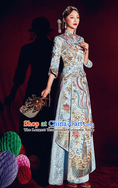 Chinese Traditional Bride Embroidered Phoenix Xiu He Suit Wedding Blue Blouse and Dress Bottom Drawer Ancient Costumes for Women