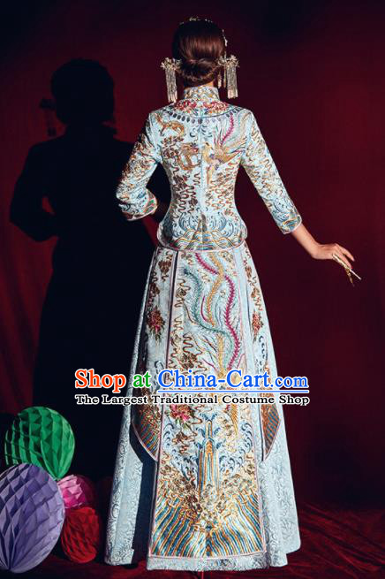 Chinese Traditional Bride Embroidered Phoenix Xiu He Suit Wedding Blue Blouse and Dress Bottom Drawer Ancient Costumes for Women