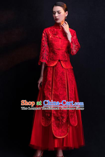 Chinese Traditional Bride Embroidered Veil Xiu He Suit Wedding Red Blouse and Dress Bottom Drawer Ancient Costumes for Women