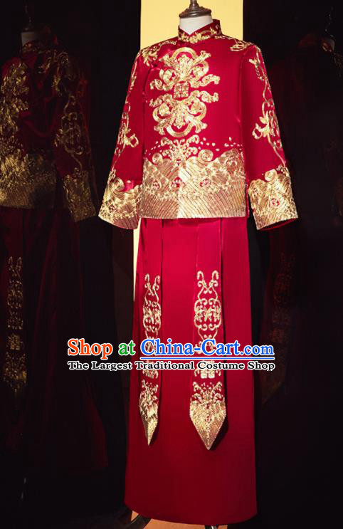 Chinese Ancient Bridegroom Embroidered Dragon Red Mandarin Jacket and Gown Traditional Wedding Tang Suit Costumes for Men