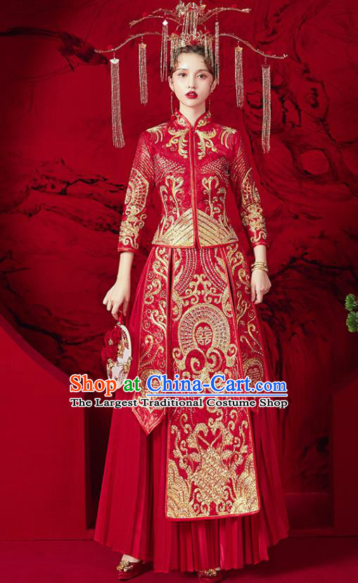 Chinese Traditional Bride Embroidered Red Xiu He Suit Wedding Drilling Blouse and Dress Bottom Drawer Ancient Costumes for Women