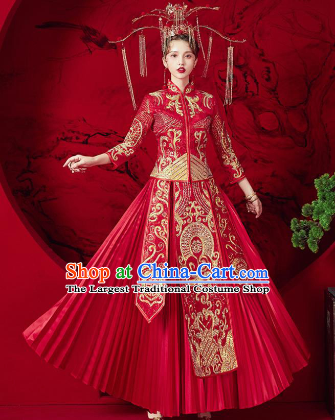 Chinese Traditional Bride Embroidered Red Xiu He Suit Wedding Drilling Blouse and Dress Bottom Drawer Ancient Costumes for Women