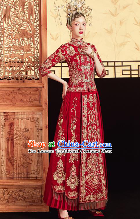 Chinese Traditional Wedding Bottom Drawer Embroidered Red Blouse and Dress Xiu He Suit Ancient Bride Costumes for Women