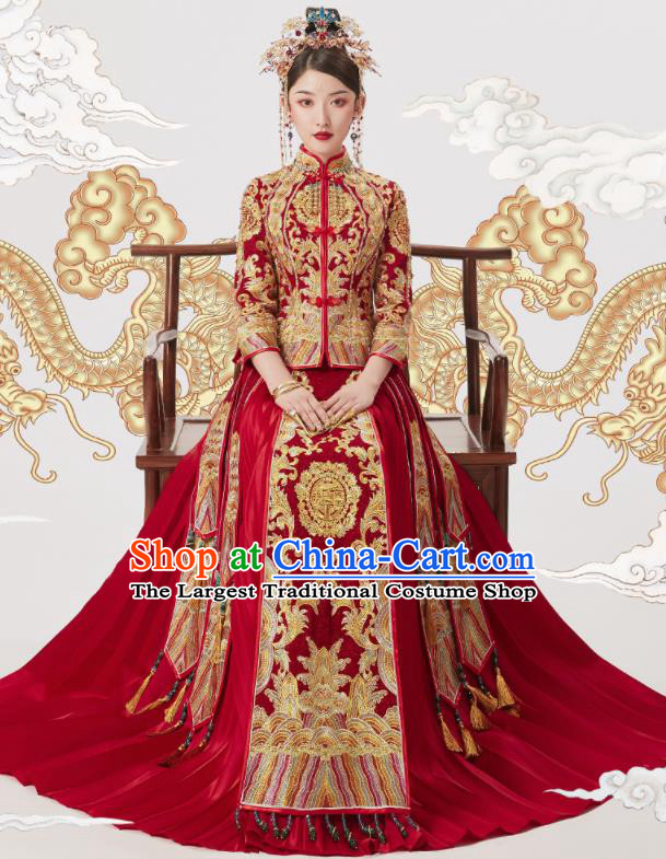 Chinese Traditional Wedding Embroidered Blouse and Dress Red Bottom Drawer Xiu He Suit Ancient Bride Costumes for Women