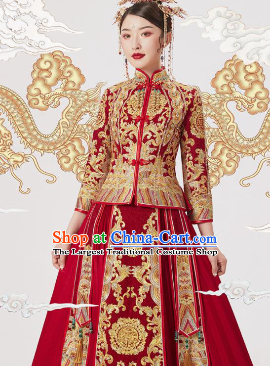 Chinese Traditional Wedding Embroidered Blouse and Dress Red Bottom Drawer Xiu He Suit Ancient Bride Costumes for Women