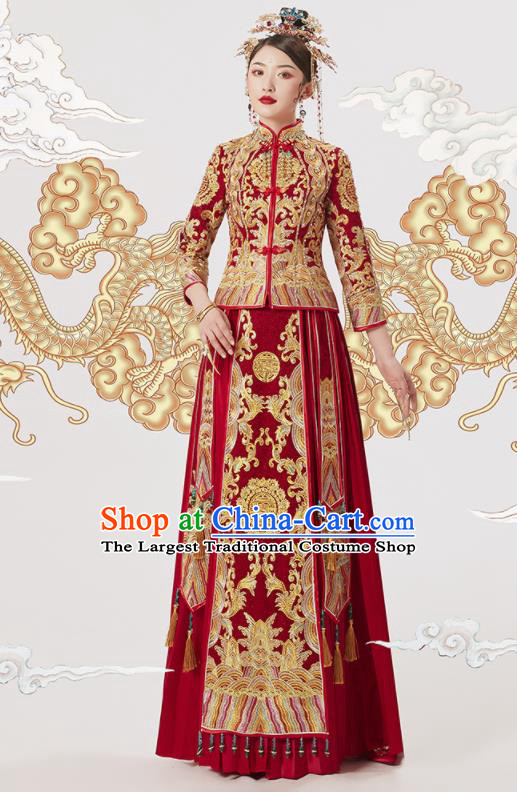 Chinese Traditional Wedding Embroidered Blouse and Dress Red Bottom Drawer Xiu He Suit Ancient Bride Costumes for Women