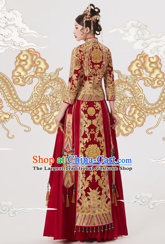 Chinese Traditional Wedding Embroidered Blouse and Dress Red Bottom Drawer Xiu He Suit Ancient Bride Costumes for Women