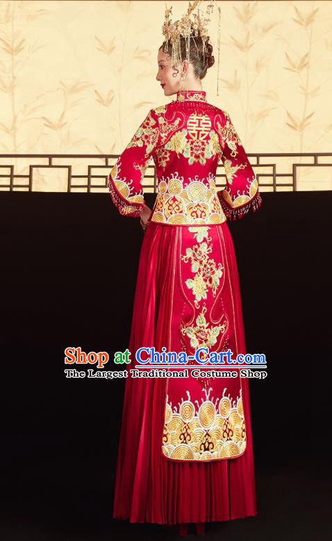 Chinese Traditional Wedding Embroidered Golden Flowers Blouse and Dress Red Bottom Drawer Xiu He Suit Ancient Bride Costumes for Women