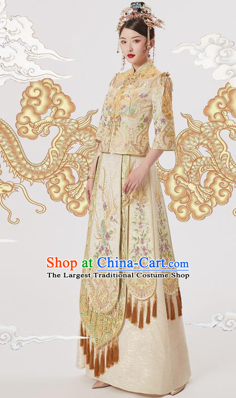 Chinese Traditional Wedding Golden Bottom Drawer Embroidered Phoenix Blouse and Dress Xiu He Suit Ancient Bride Costumes for Women