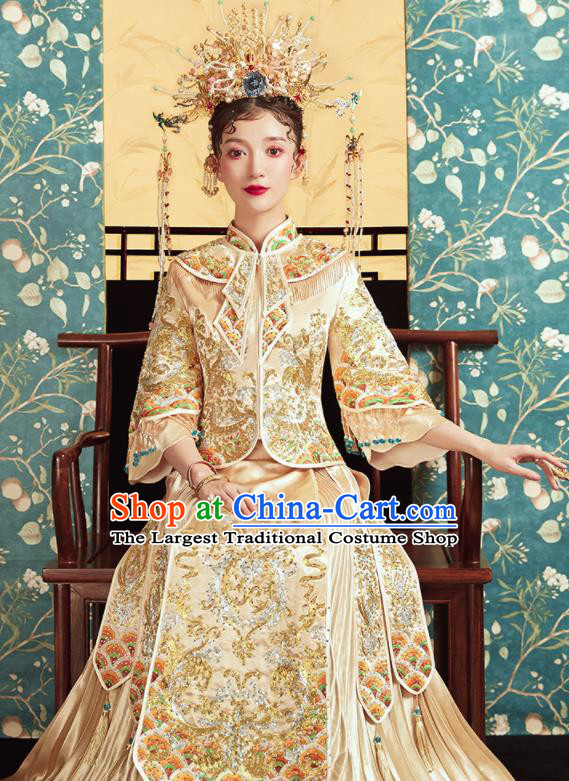 Chinese Traditional Wedding Drilling Golden Bottom Drawer Embroidered Blouse and Dress Xiu He Suit Ancient Bride Costumes for Women