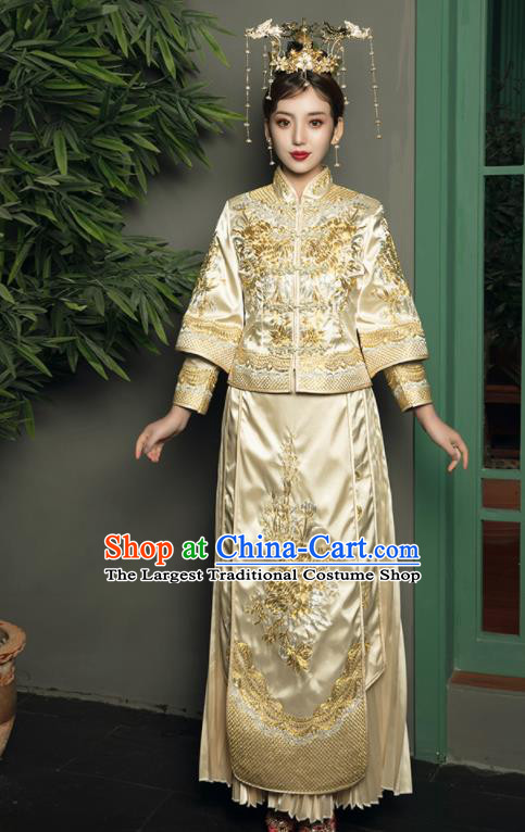 Chinese Traditional Wedding Golden Bottom Drawer Embroidered Blouse and Dress Xiu He Suit Ancient Bride Costumes for Women