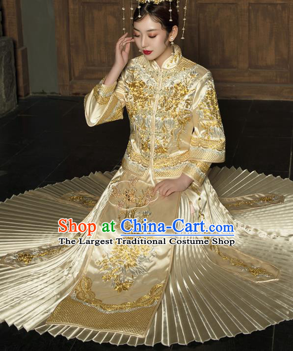 Chinese Traditional Wedding Golden Bottom Drawer Embroidered Blouse and Dress Xiu He Suit Ancient Bride Costumes for Women