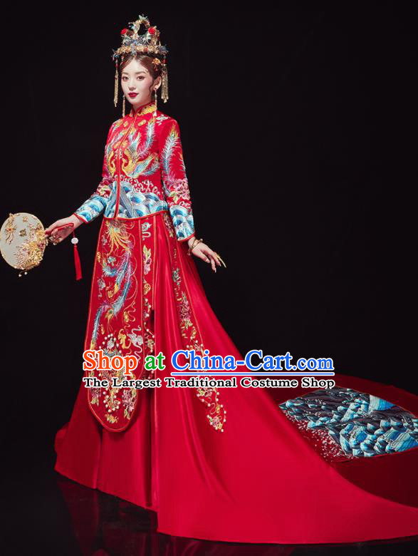 Chinese Traditional Wedding Red Trailing Bottom Drawer Embroidered Phoenix Blouse and Dress Xiu He Suit Ancient Bride Costumes for Women