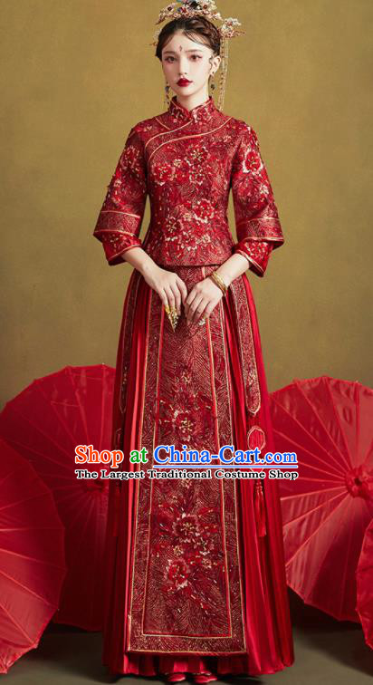 Chinese Traditional Wedding Embroidered Peony Red Blouse and Dress Xiu He Suit Bottom Drawer Ancient Bride Costumes for Women