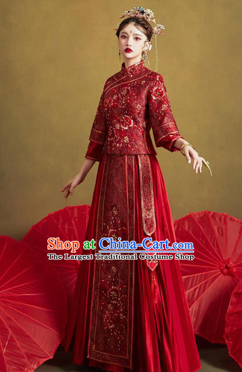Chinese Traditional Wedding Embroidered Peony Red Blouse and Dress Xiu He Suit Bottom Drawer Ancient Bride Costumes for Women