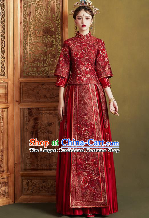 Chinese Traditional Wedding Embroidered Peony Red Blouse and Dress Xiu He Suit Bottom Drawer Ancient Bride Costumes for Women