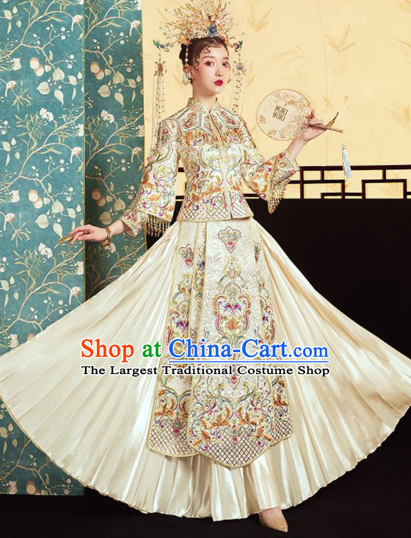 Chinese Traditional Wedding Embroidered Beige Blouse and Dress Xiu He Suit Bottom Drawer Ancient Bride Costumes for Women