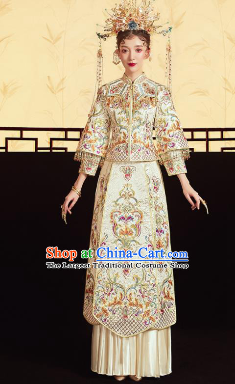 Chinese Traditional Wedding Embroidered Beige Blouse and Dress Xiu He Suit Bottom Drawer Ancient Bride Costumes for Women