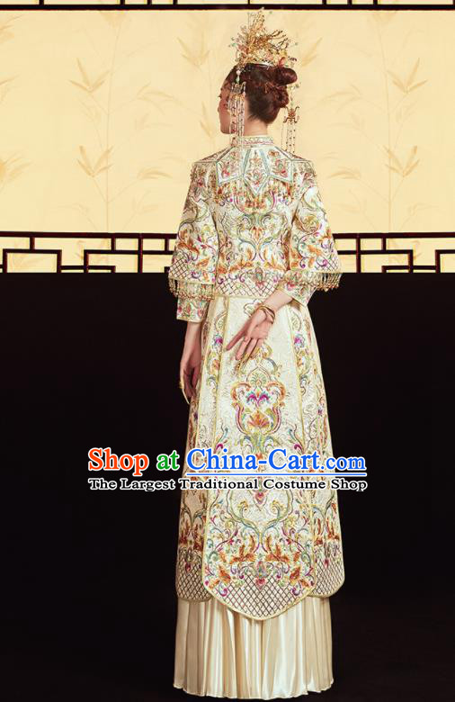 Chinese Traditional Wedding Embroidered Beige Blouse and Dress Xiu He Suit Bottom Drawer Ancient Bride Costumes for Women
