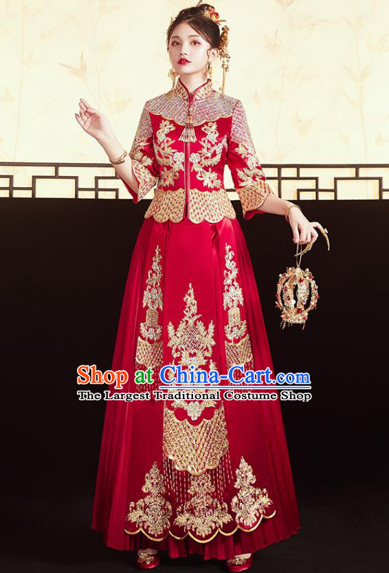 Chinese Traditional Bride Embroidered Red Xiu He Suit Wedding Blouse and Dress Bottom Drawer Ancient Costumes for Women
