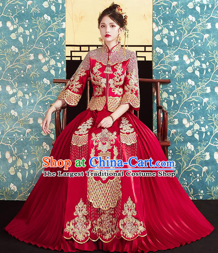Chinese Traditional Bride Embroidered Red Xiu He Suit Wedding Blouse and Dress Bottom Drawer Ancient Costumes for Women